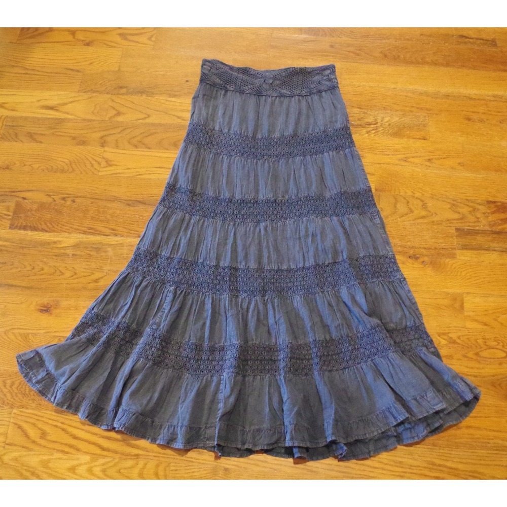 Solitaire Womens Blue Cotton Crochet Lace Tiered Boho Maxi Skirt Size M